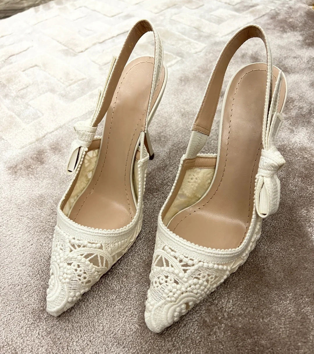 D Lace Embroidered Sandals Women's Wedding Shoes  Autumn New Letter Bow White Transparent Sexy High Heels