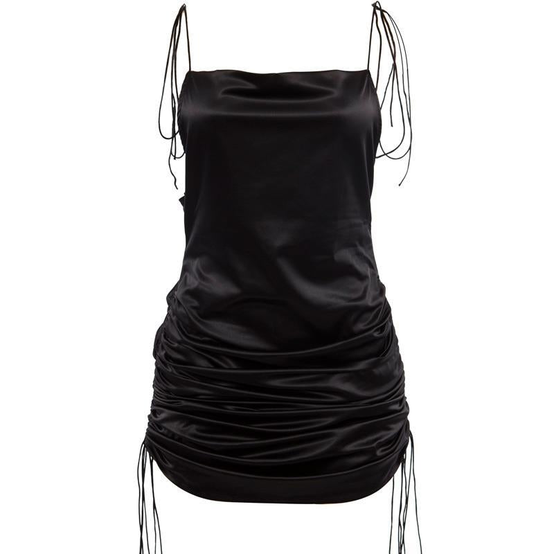 nvxiot-shop dress to impress codes Sexy Hot Girl Backless Slimming Sling Dress French Retro Niche Pleated Drawstring Adjustable Black Dress