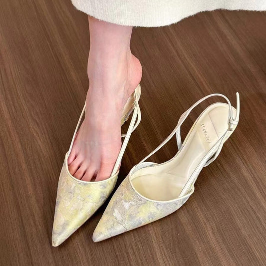 Elingstudio Cold Chinese Style Embroidered Pointed Toe Slingback Sandals Women's  New Spring High Heels