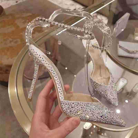 New Crystal Sandals Pointed Sequins Stiletto Wedding Shoes Rhinestone Chain Dress High Heels Women One Piece Dropshipping