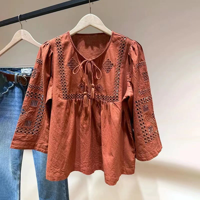 2025 BA Summer 24 New Bohemian Embroidered Tassel Lace-Up Seven-Sleeve Crew Neck Shirt 31887
