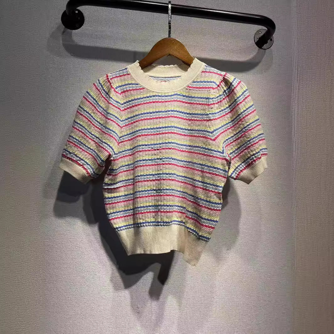2025 Knitted Short Sleeve Summer OS Scaled Edge Crew Neck Skinny Rainbow Edge Bubble Sleeve Sweet Knitted Sweater Top