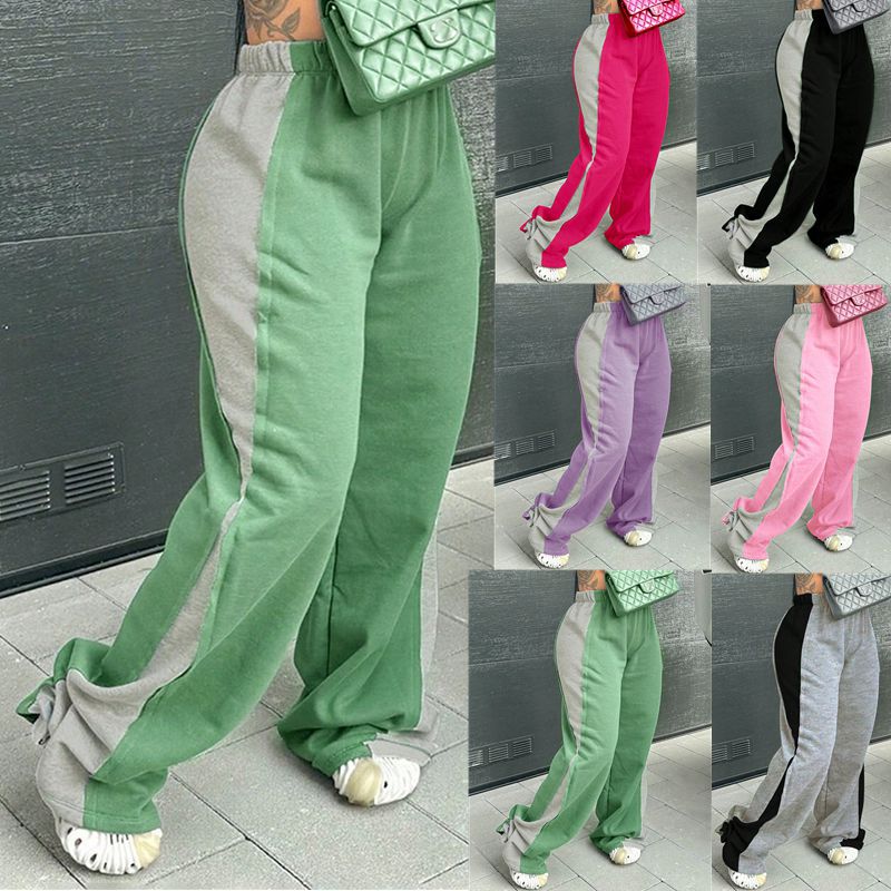 2025 spring, autumn and winter,   New women's clothing new elastic waist color matching versatile straight wide-leg sweatpants women