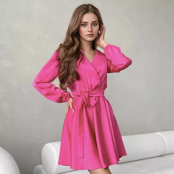 2025 Green satin V-neck lantern sleeve lace-up apron dress popularwildberries spring hot new products women