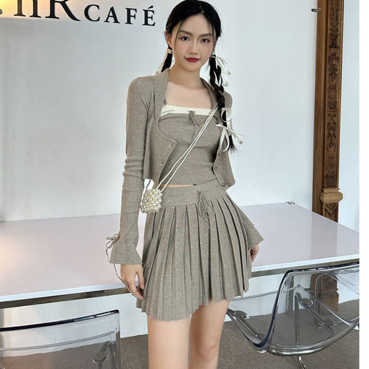 nvxiot-shop fall outfits women Spring 2024 New Pure Desire Style Hand-Knitted Rope Knitted Cardigan Sling Pleated Skirt Three-Piece Set Dress