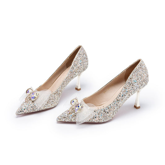 High Heels Wedding Shoes  Summer Silver Bow Crystal Shoes Bride Not Tired Feet Pumps Women