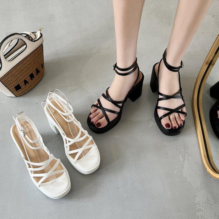 Summer New Chunky Heel Sandals Women's Thin Strap Platform Open Toe High Heels Cross Strap Korean Style Roman Shoes