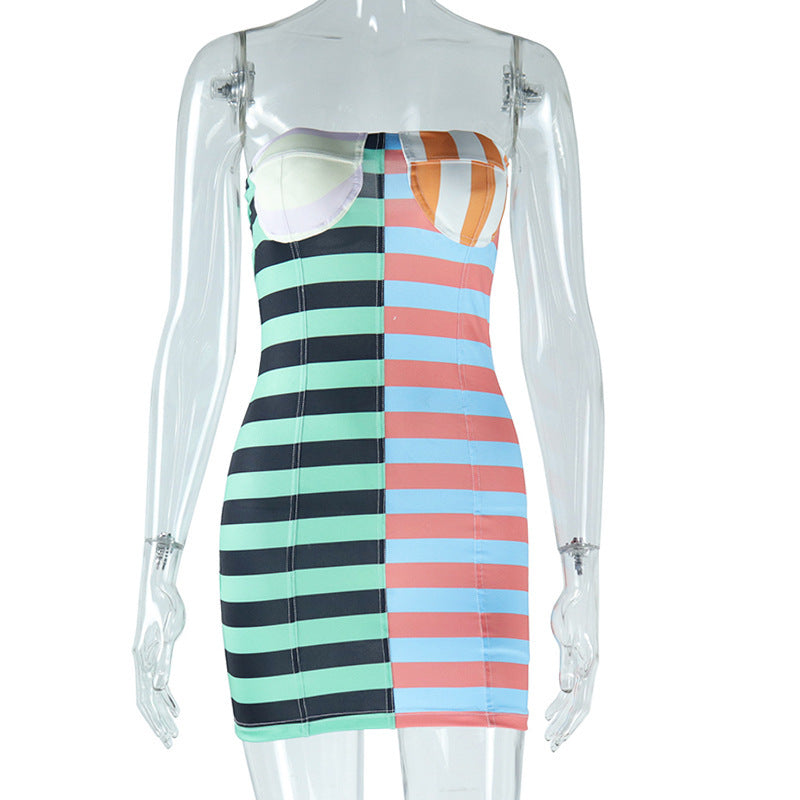 nvxiot-shop y2k dress to impress 2024 Summer New Style Ins Sexy Chest Wrap Sleeveless Colorful Striped Fashion Print Dress