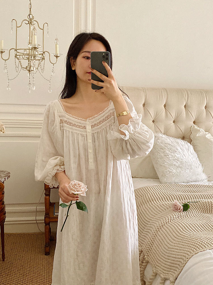 nvxiot Kawaii Women's Nightdress Long Sleeve Summer Spring Ladies Homewear Lace Square Collar Korean Style Nightwear For Female