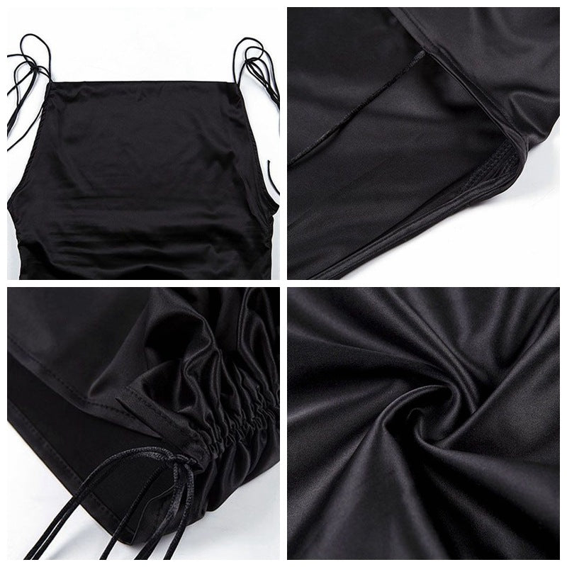 nvxiot-shop dress to impress codes Sexy Hot Girl Backless Slimming Sling Dress French Retro Niche Pleated Drawstring Adjustable Black Dress