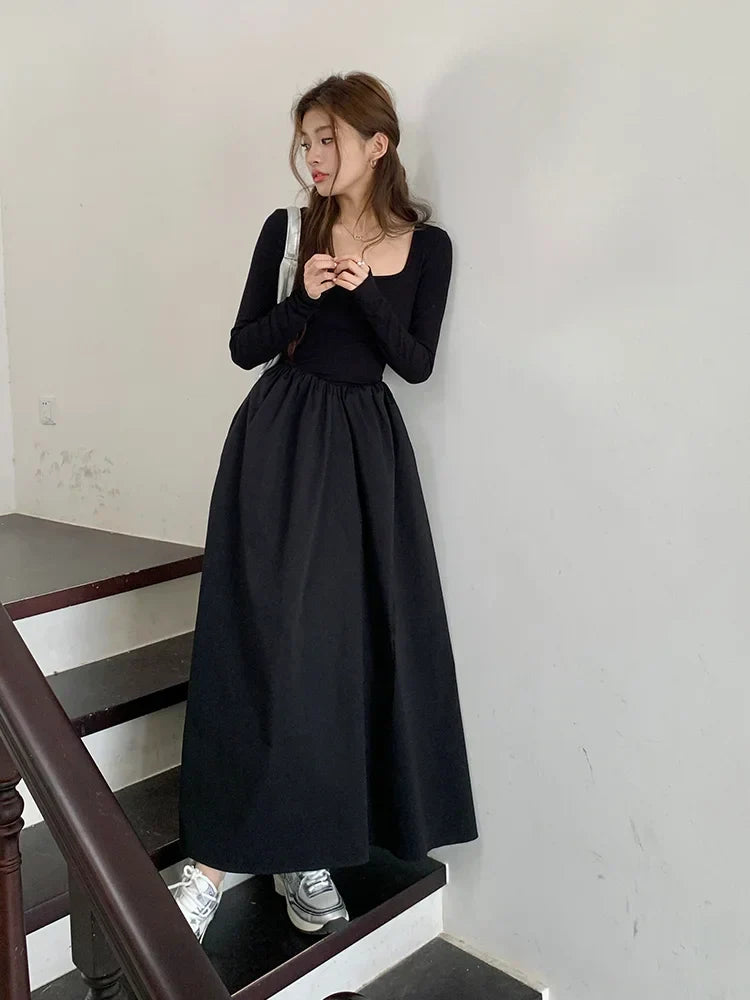 nvxiot-New Autumn Fashion Elegant Black Midi Dress for Women Long Sleeve Square Neck Simple Solid Vintage Chic Ladies Dresses Korean