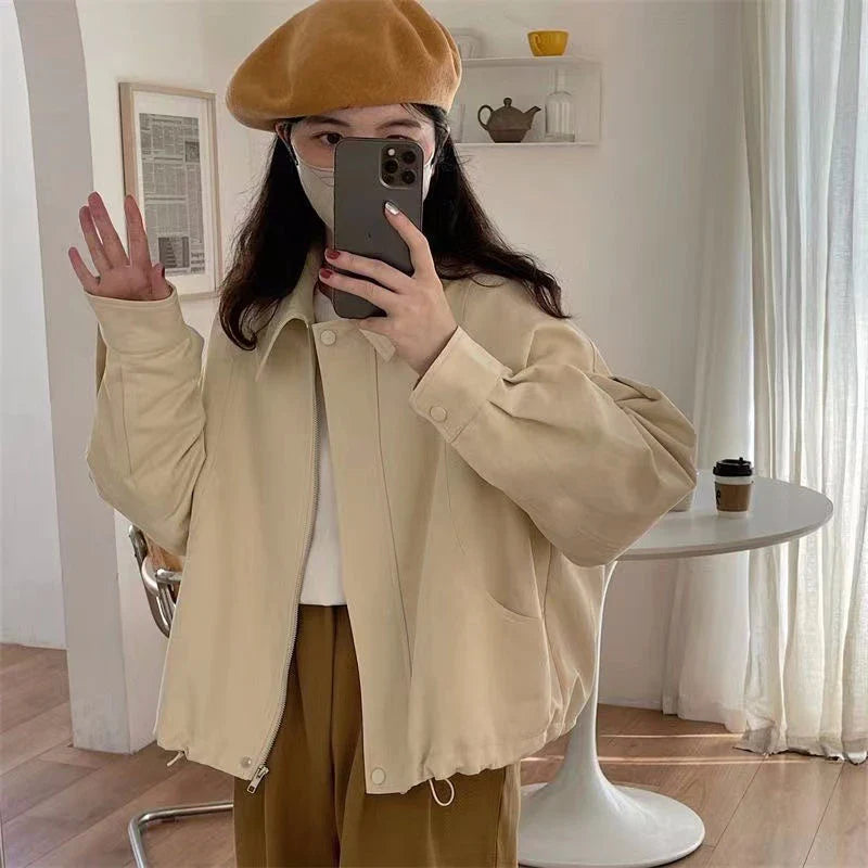 nvxiot stylish dress 2024 Spring and Summer New Casual Jacket Women  Korean Fashion Simple Drawstring Retro Lapel Loose Thin Jacket Solid Outerwear