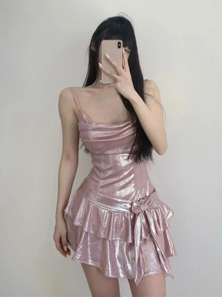 nvxiot-Summer Pink Strap Kawaii Dress Women Backless Elegant Vintage Party Mini Dress Female Bow Belted Sashes Designer Dress 2024