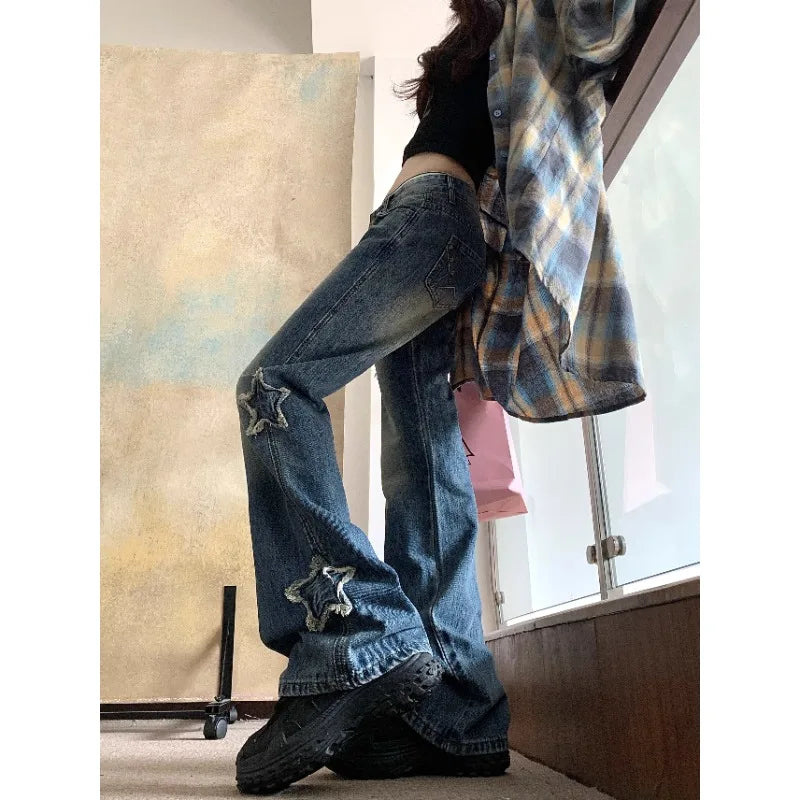 nvxiot Low-rise Star Embroidery Sexy Slim Jeans Women Y2K Autumn New High Street Fashion All Match Denim Wide Leg Pants