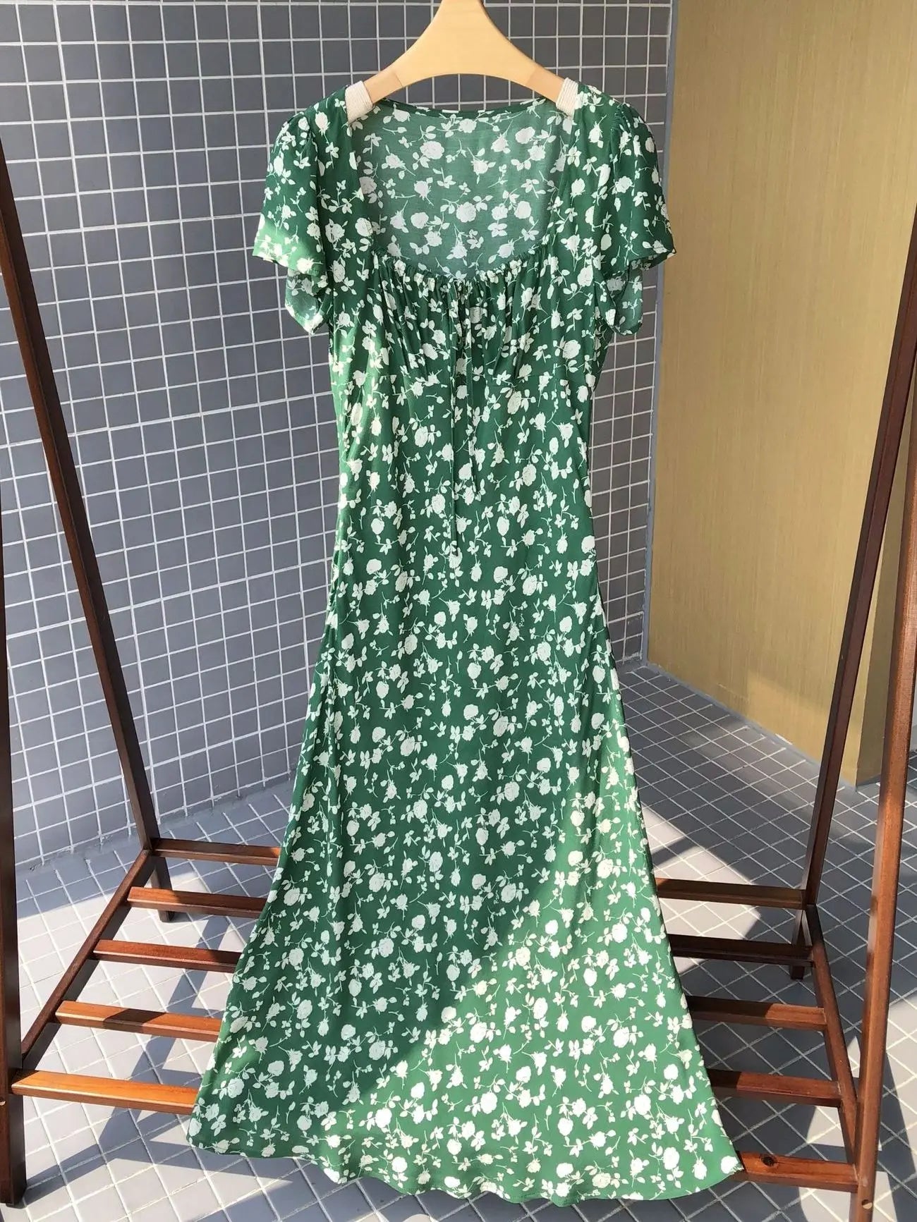 nvxiot Women Short Sleeve 100% Viscose Mid-Length Dress Casual A-Line Summer New Female Square Collar Green Print Long Robe