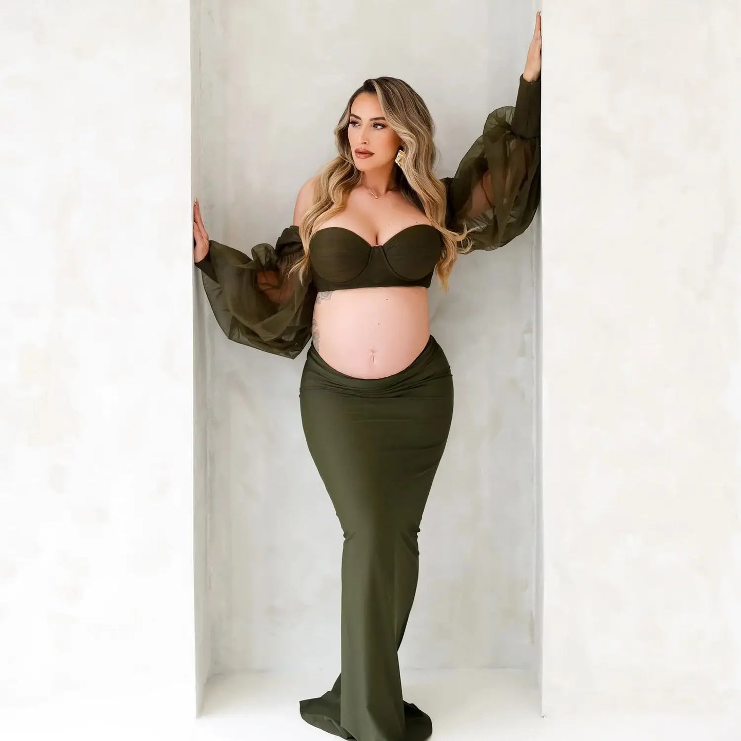 MQTIME  -  Blackish Green Tulle Maternity Photography Dress Set Off-shoulder Plus Size Sexy Pregnancy Gown for Women Photoshoot 2024