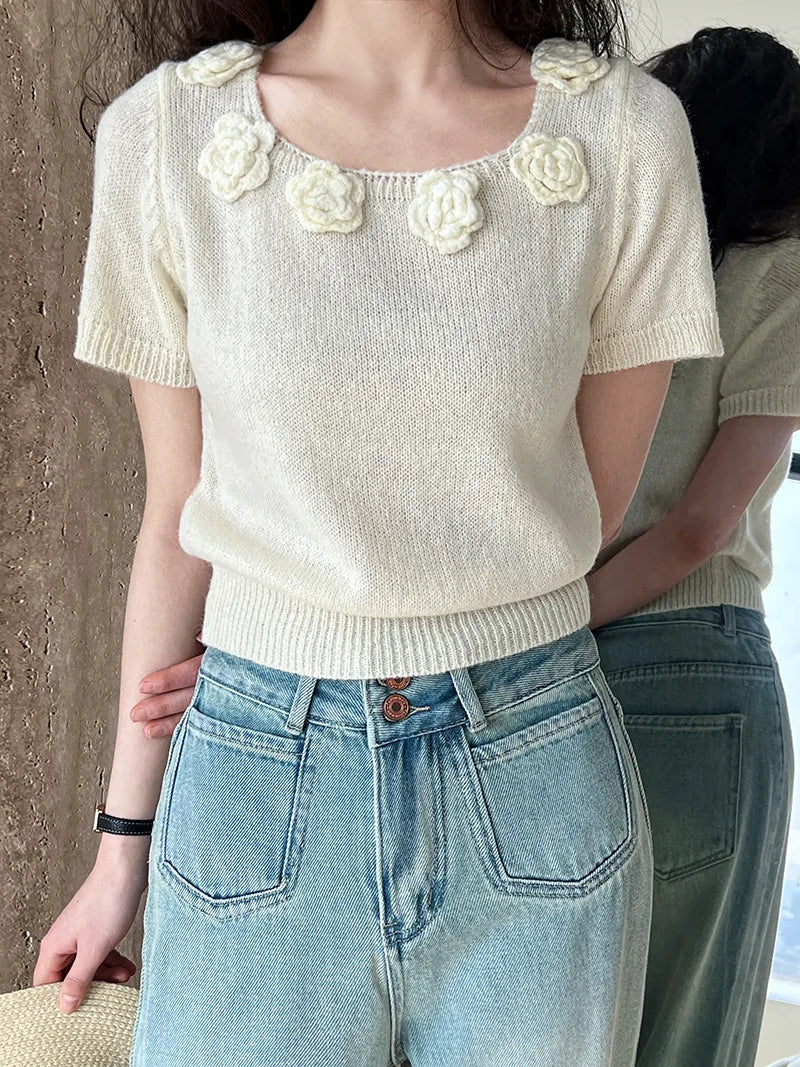 MQTIME  -  Cute 3d Hook Flower Short Sleeve Sweater Round Neck Knitwear for Women's 2024 Spring/summer