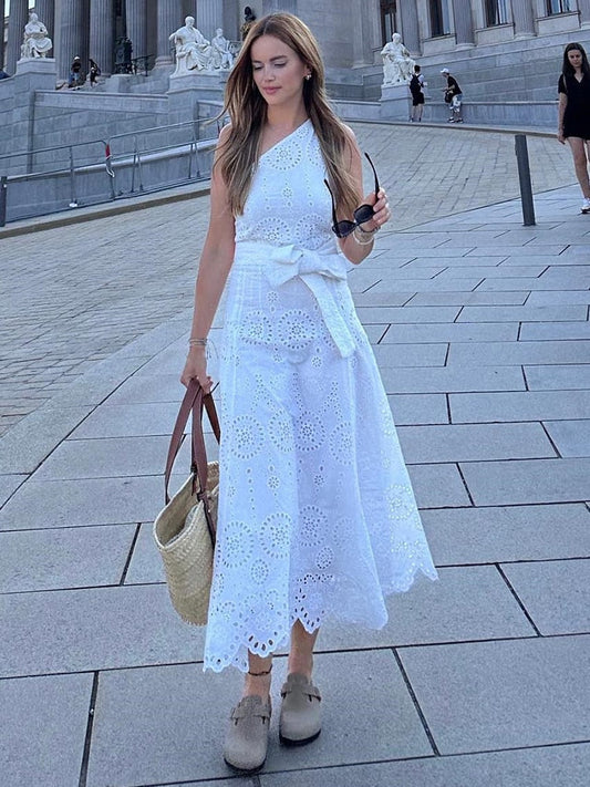 nvxiot White One Shoulder Autumn Cotton Dress Women Winter Casual Dress Vestidos Maxi New Embroidery Boho Beach Dress Holiday