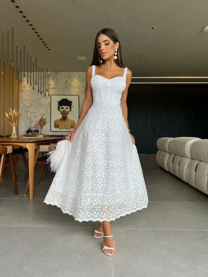 nvxiot  -   Summer New Elegant Lace Women's Dresses Fashion Lace-up Embroidery Dress Sexy Party Gown Chic Women Clothing Vacation Robes