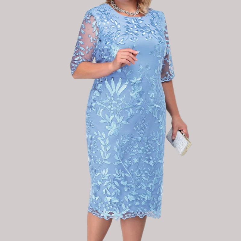 nvxiot Plus Size 4Xl 5Xl Women Summer Autumn Dress Elegant Lace Dress Female Blue Evening Party Dresses Big Size Curvy Cocktail Vestido