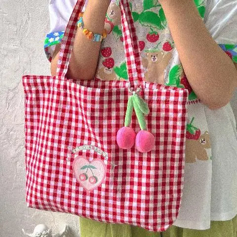 nvxiot  -  Plaid Red Canvas Shoulder Bag Women Summer Large Capacity Casual Handbags Ladies Vintage Harajuku Cute Tote Bag Y2k