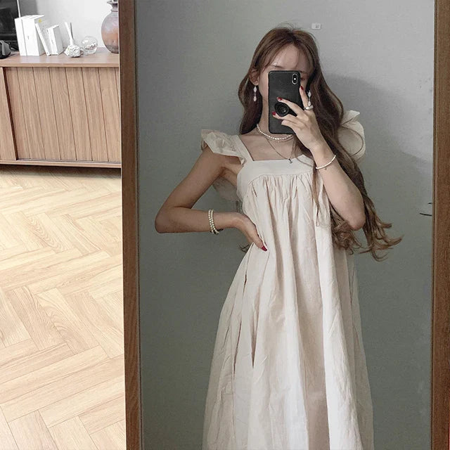 nvxiot  -  2024 Spring/Summer New South Korean Solid Color Aging Fairy Style Flying Sleeves Dress Fashion Versatile Sleeveless Long Dress