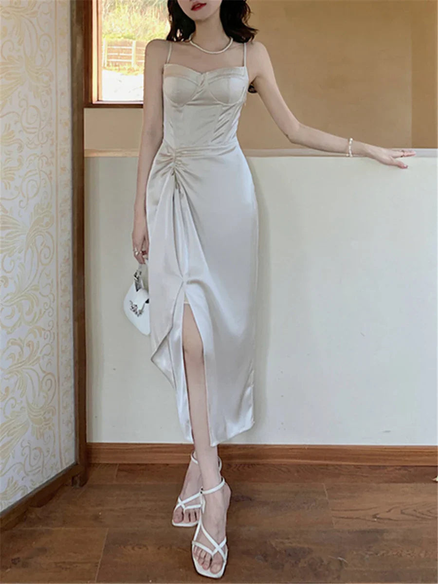 nvxiot-Elegant Vintage Midi Dresses for Women Sleeveless Fashion Spli Solid Square Collar Spaghetti Strap Party Dress New Summer 2024