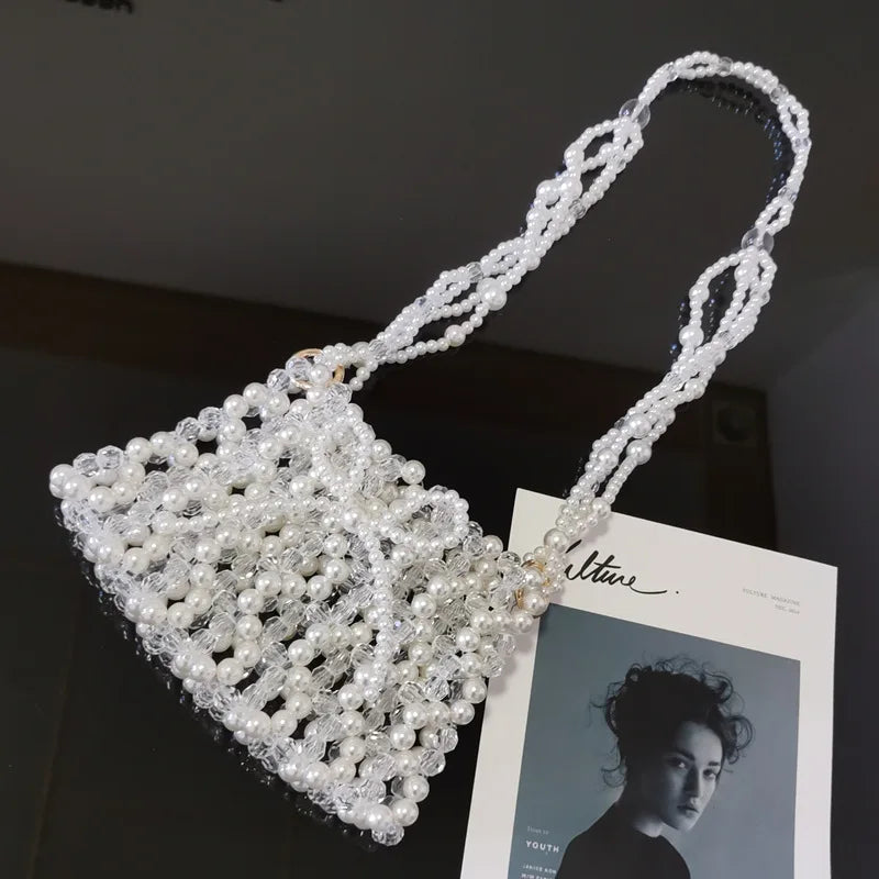 MQTIME  -   New Design Women's Handbag Fashion Hand-weave Pearl Beads Cute Bow Shoulder Bags Banquet Dinner Party Daily Handbags Female