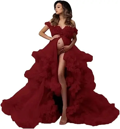 MQTIME  -   Sexy Maternity Gowns Photoshoot V Neck Ruffles A Line Sweep Train Tulle Pregnant Women Maternity Dresses for Photo Shoot