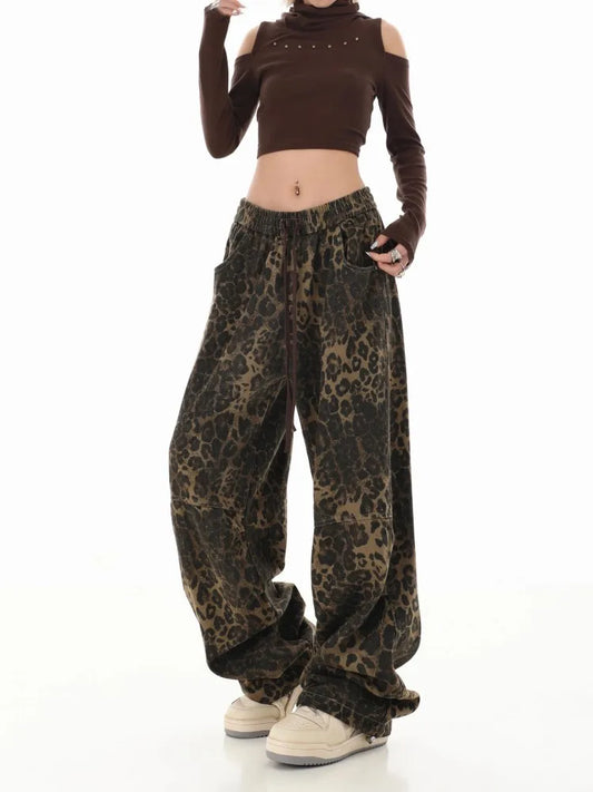 nvxiot  -  American Retro Leopard Print Jeans For Women With A Design Sense Of Niche Straight Tube Workwear Casual Pants