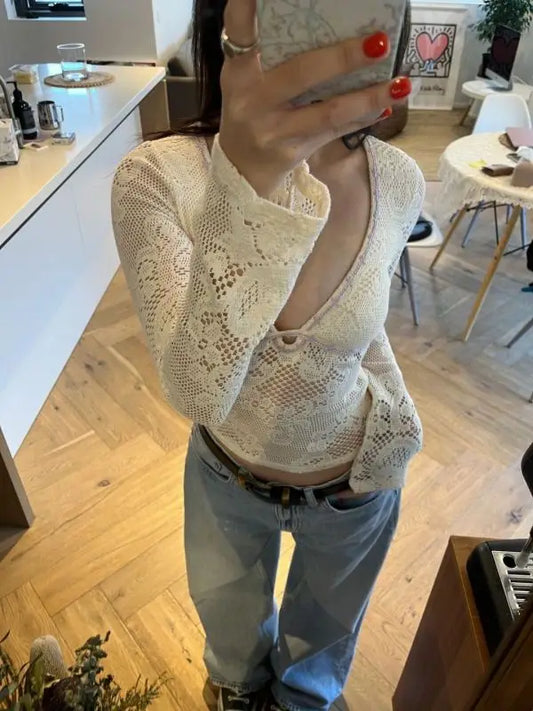 nvxiot -  BLace Knit Top Sexy V-neck Spice Girl Style New Slimming Female Trend