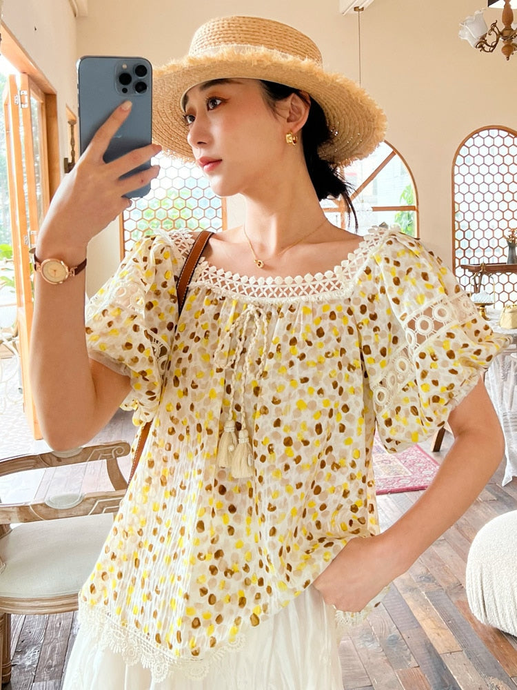 nvxiot  Floral Chic Summer Blouse Shirt Chiffon Loose Tassels Lace Up Off The Shoulder Sexy Blouse Holiday Women Casual Tops