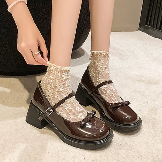 nvxiot High Heels Bowtie Mary Jane Shoes Women Autumn Buckle Strap Thick Heel Pumps Woman Patent Leather Round Toe Jk Lolita Shoes