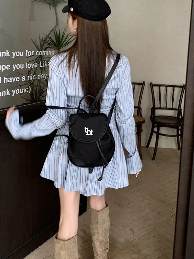 nvxiot-Elegant Vintage Blue Striped Women Mini Dresses Autumn Fashion 2023 New Pleated Long Sleeve Holiday Party Shirt Dress Korean