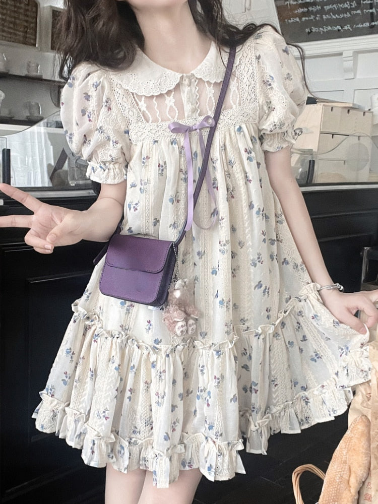 nvxiot  Floral Print French Elegant Dress Women Chiffon Japanese Sweet Party Mini Dress Female Korean Kawaii Puff Sleeve Dress  New