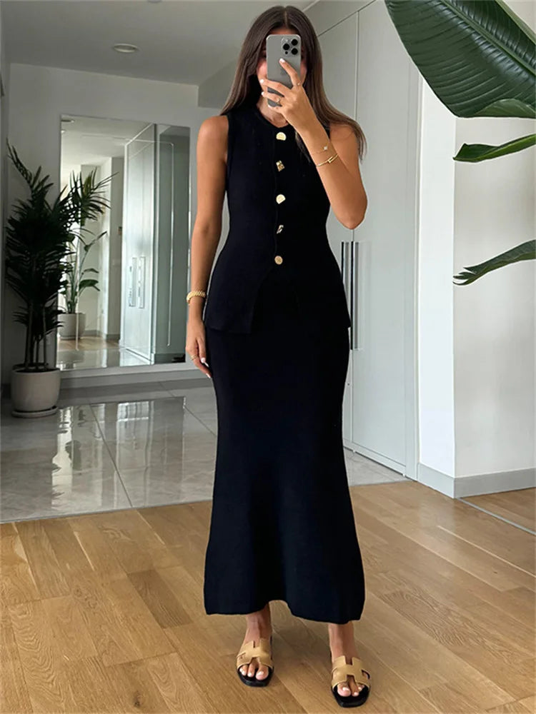 nvxiot  -  Fall Outfits 2024 Knitwear Fashion 2 Piece-Set Maxi Skirt Women's Sleeveless Patchwork Cardigan Top And High Waist Long Skirt Sets Female