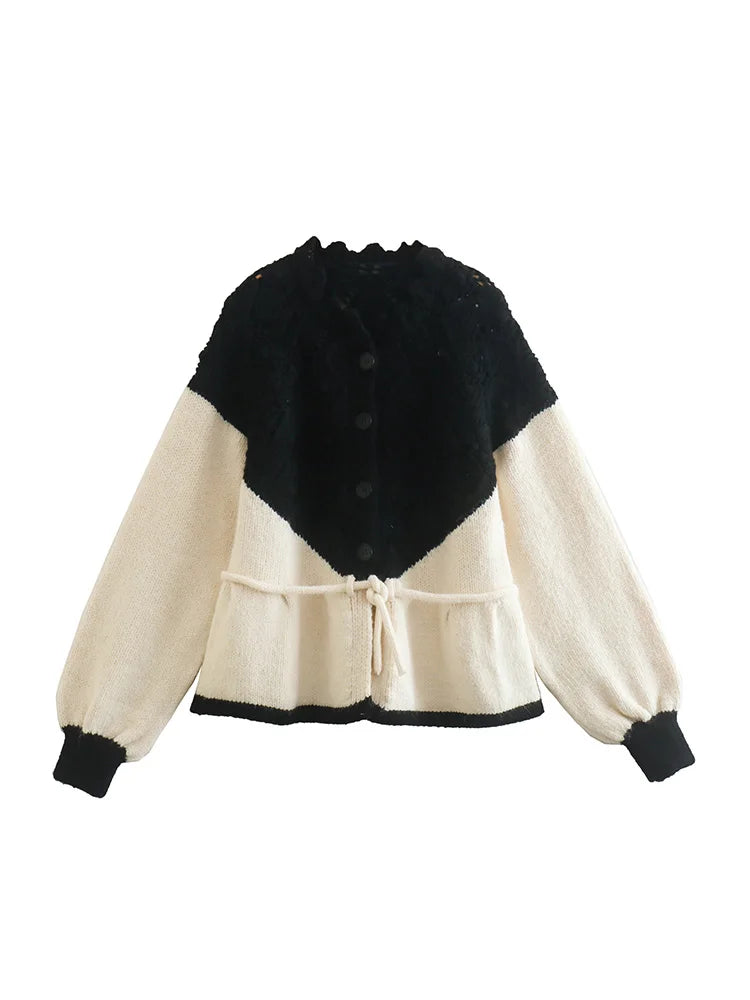 nvxiot Cardigans Women High Street Ruffle Round Neck Patchwork Knitted Sweater Cardigan Long Sleeve Waist Tie Drawstring Loose Cardigan