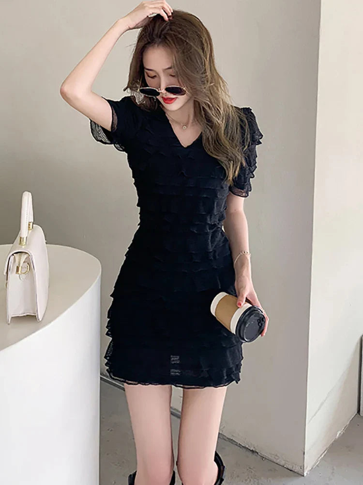 MQTIME  -  Summer White Chic V-Neck Sexy Club Mini Dress Women Fashion Cascading Ruffled Prom Dress 2024 Black Vintage Elegant Party Dress