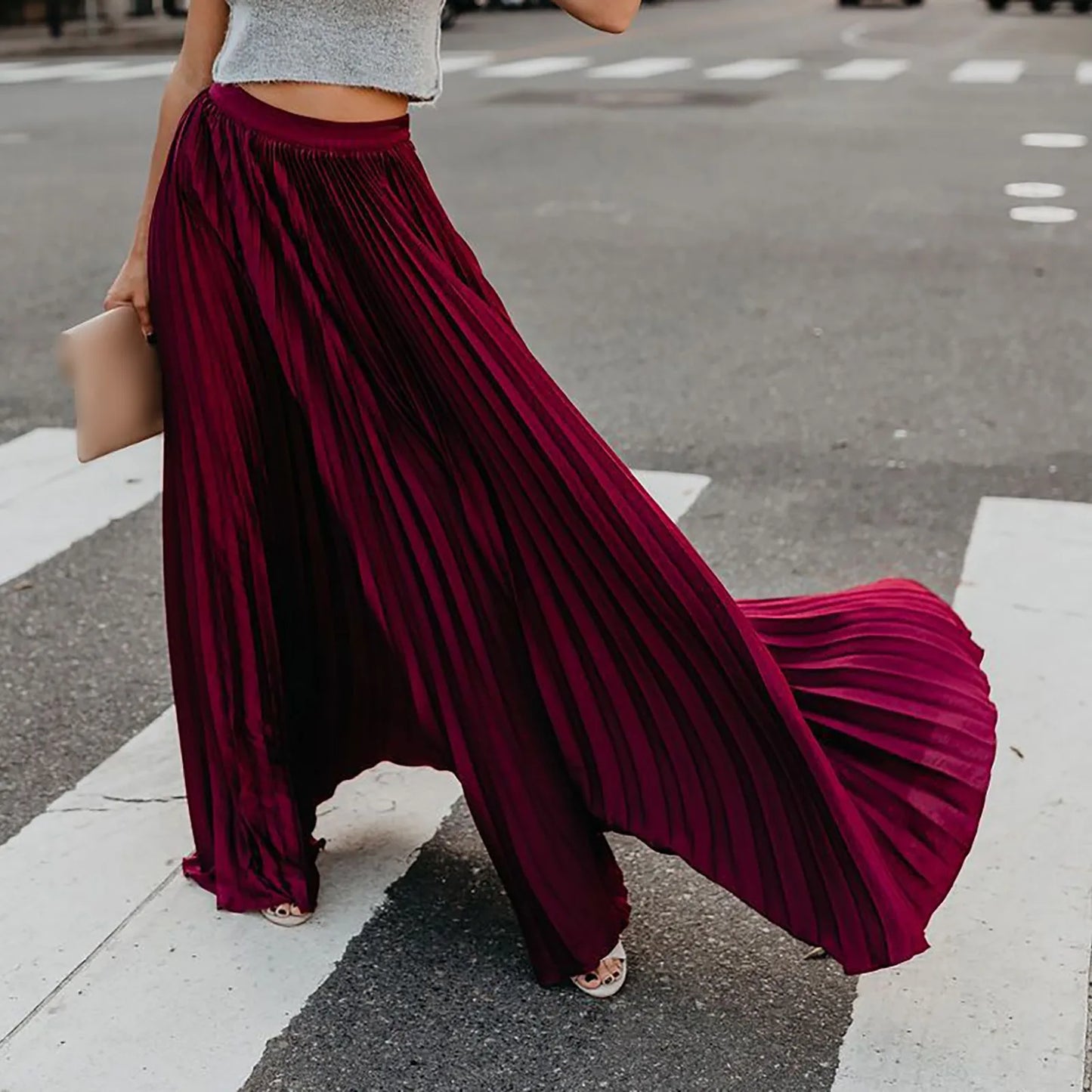 MQTIME  -  Women's Fashion High Waist Big Swing Maxi Skirts Vintage Bohemian Solid Color Pleated Long Skirt Female Holiday Beach Wear