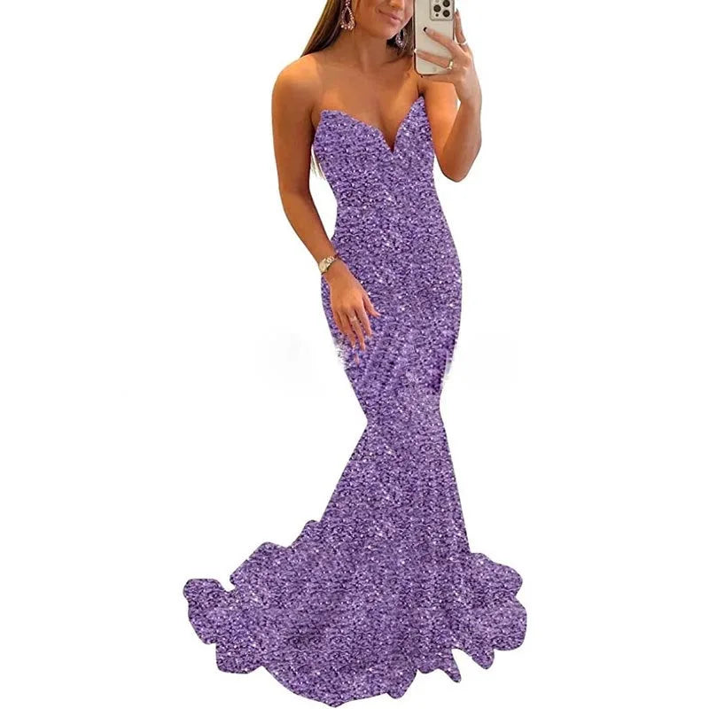 MQTIME  -  Elegant Mermaid Women Evening Dresses Sequins Court Train V Neck Prom Party Gowns Formal Bridal Dress