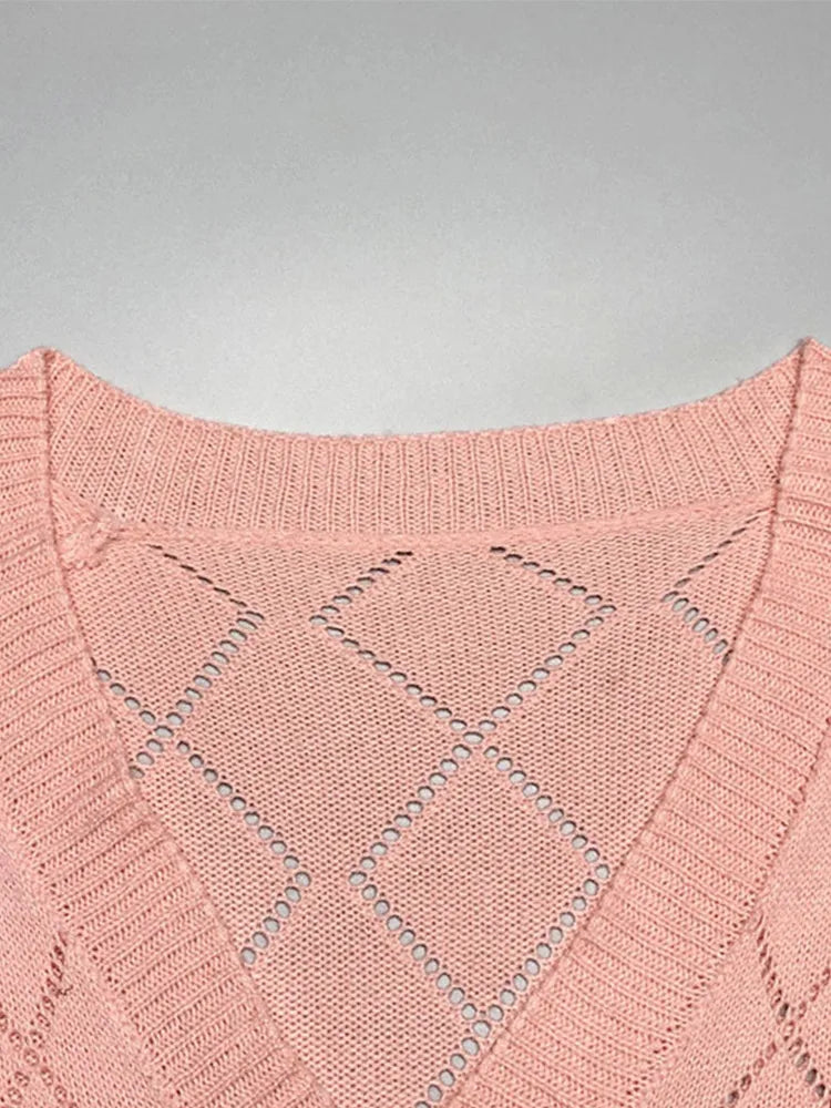 MQTIME  -  2024 Autumn New Women Knitted Sweater Casual V Neck Hollow Out Female Pullover Fashion Loose Long Sleeve Solid Ladies Knitwear