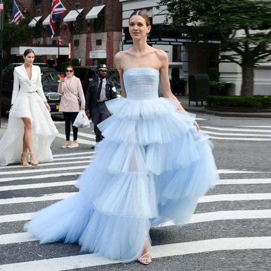 nvxiot Baby Blue Elegant Dress Prom Gowns Layered Tulle Strapless Long Party Dresses for Women Corset Tulle Dress vestidos de noche