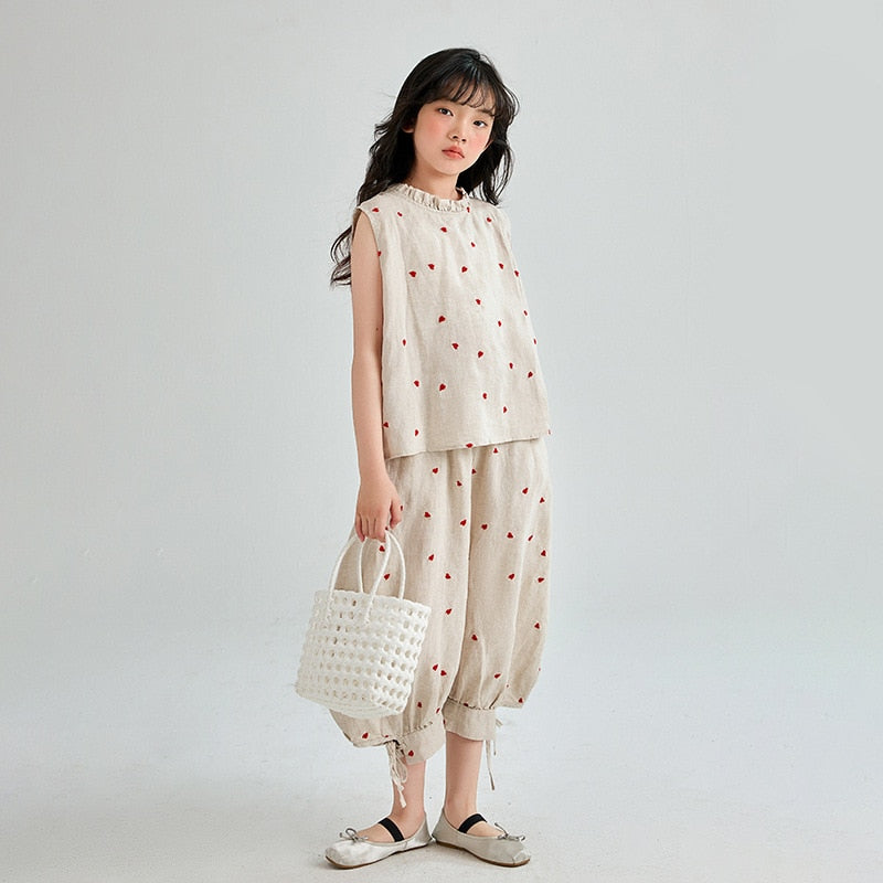 nvxiot Teenage Girls Summer Set Polka Dot Cotton Linen Vest Tops Casual Trousers Two-piece Thin Kids Boutique Clothes Children Outfits