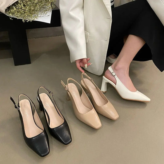 nvxiot Round Toe Women Sandals Fashion Dress Shoes Thick High Heels Black White Beige Belt Buckle Summer Party Pumps Shoes Size 35-39