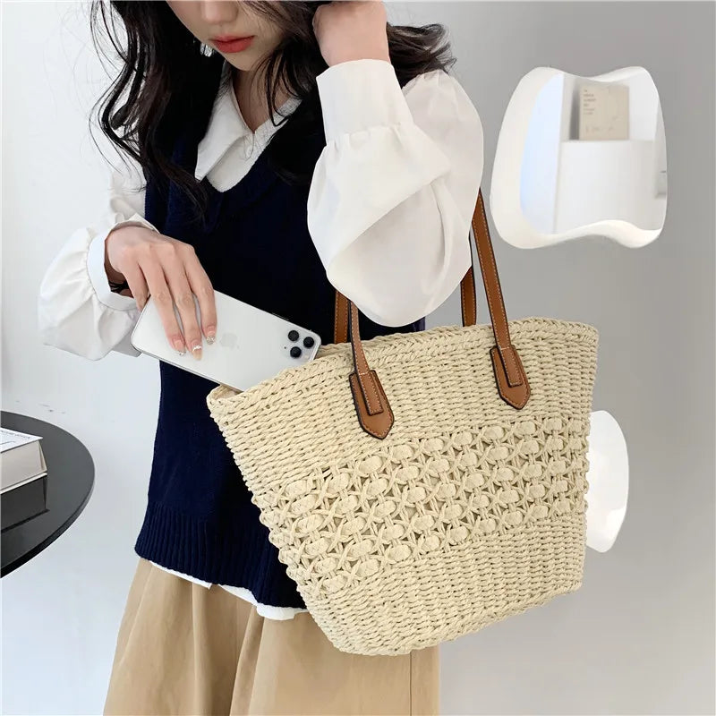 MQTIME  -   Summer Beach Large Capacity Handbags For Women Retro Beige Khaki Straw Weave Tote Bags Fashion Casual Shopping Shoulder Bag 2024