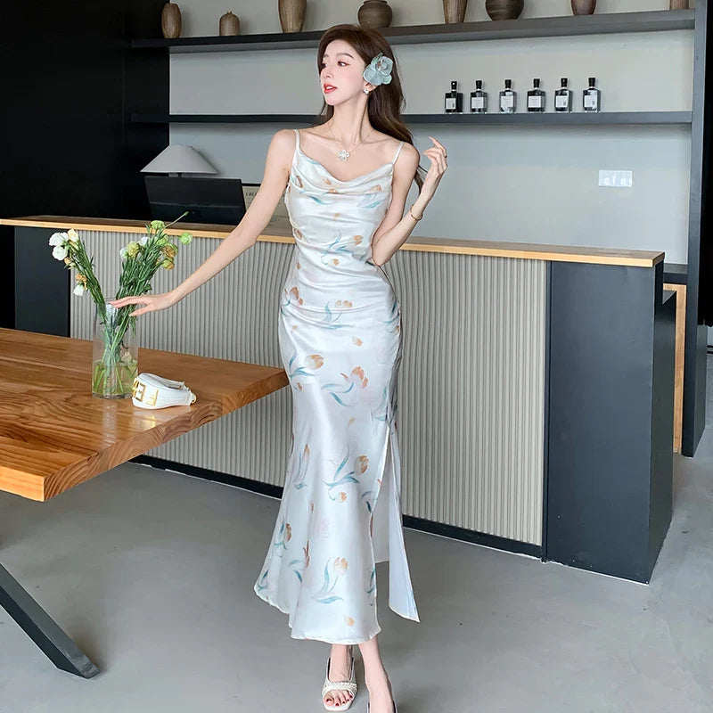 nvxiot  -  2024 Summer New Retro Folded Split Printed Satin Sling Dress Women's Feeling Swinging Neck Fragmented Flower Long Dress