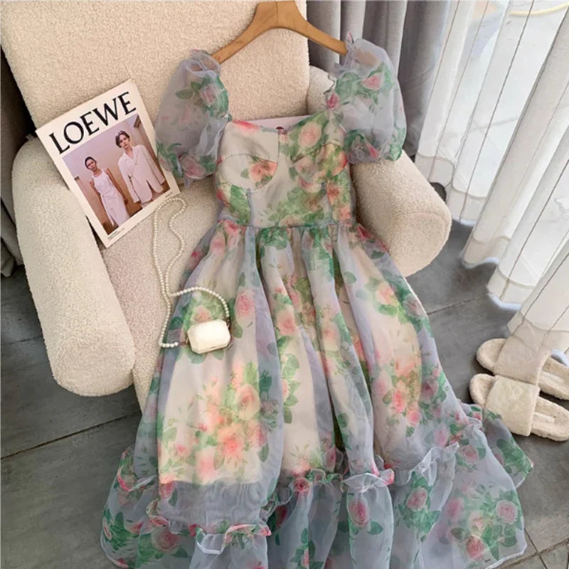 nvxiot Stylish Floral Print France Vintage Dress Women Tierred Designer Y2k Princess Sweet Midi Dress Female Korean Fashion Dress Summer 2024