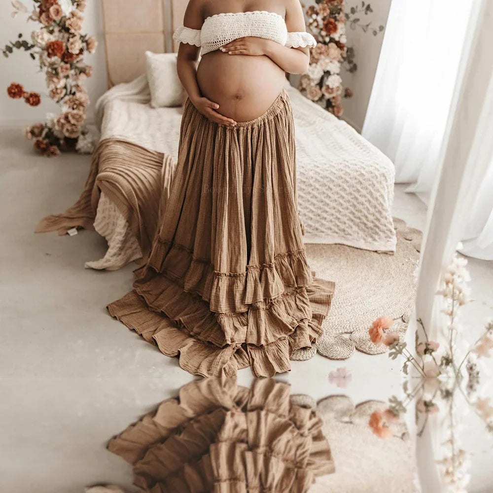 MQTIME  -  Bohemian Style Maternity Photography Two-Piece Set Knit Braided Cotton Three-Layer Lace Maxi Dress Pregnant Woman Clothing