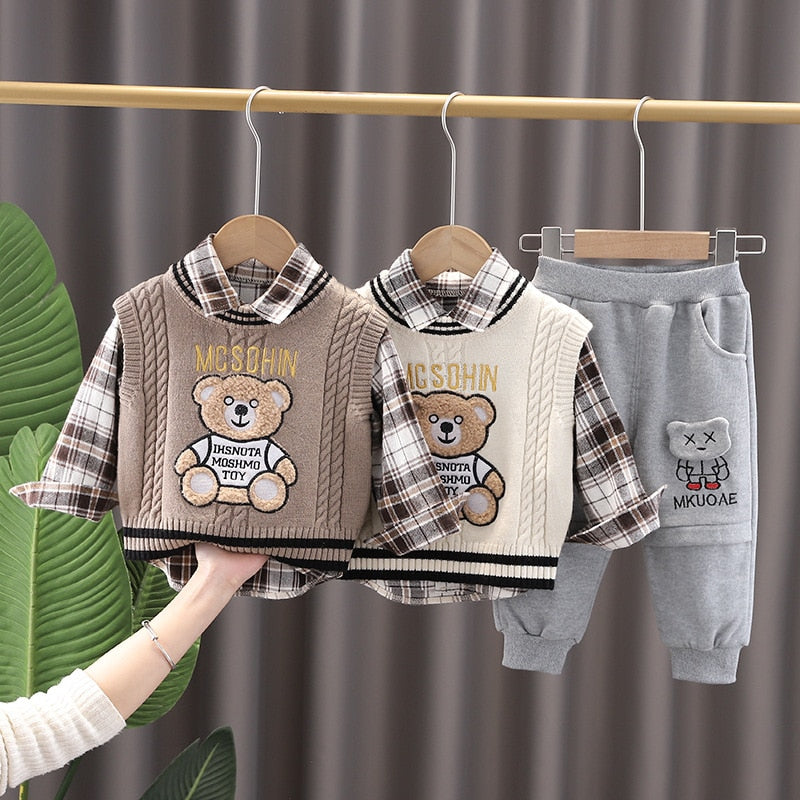 nvxiot New Spring Autumn 3PCS Boys Clothing Set Cartoon Bear Sweater Vest Long Sleeve Shirts Cotton Pants Baby Boys Clothes