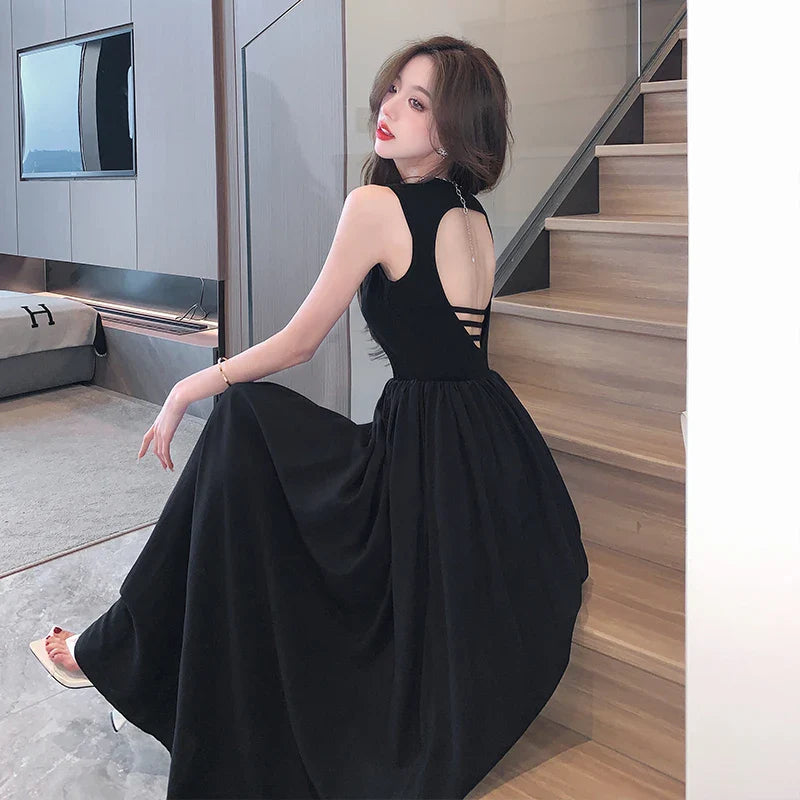 MQTIME  -  2024 Summer Style Open Back Dress with Black Hepburn Style, High end, Slim Fit, Beach Vacation Solid Color Long Dress for Women